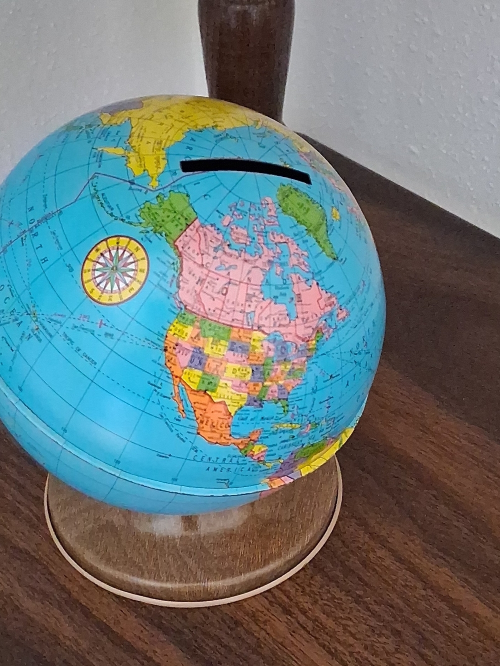 Vintage Mini Blue Decorative Globe Coin Bank - World Map Accent